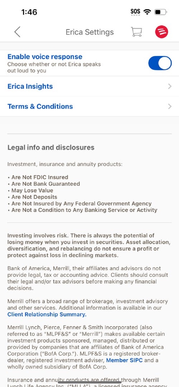 Bank of America Erica settings screen with voice response and Erica Insights