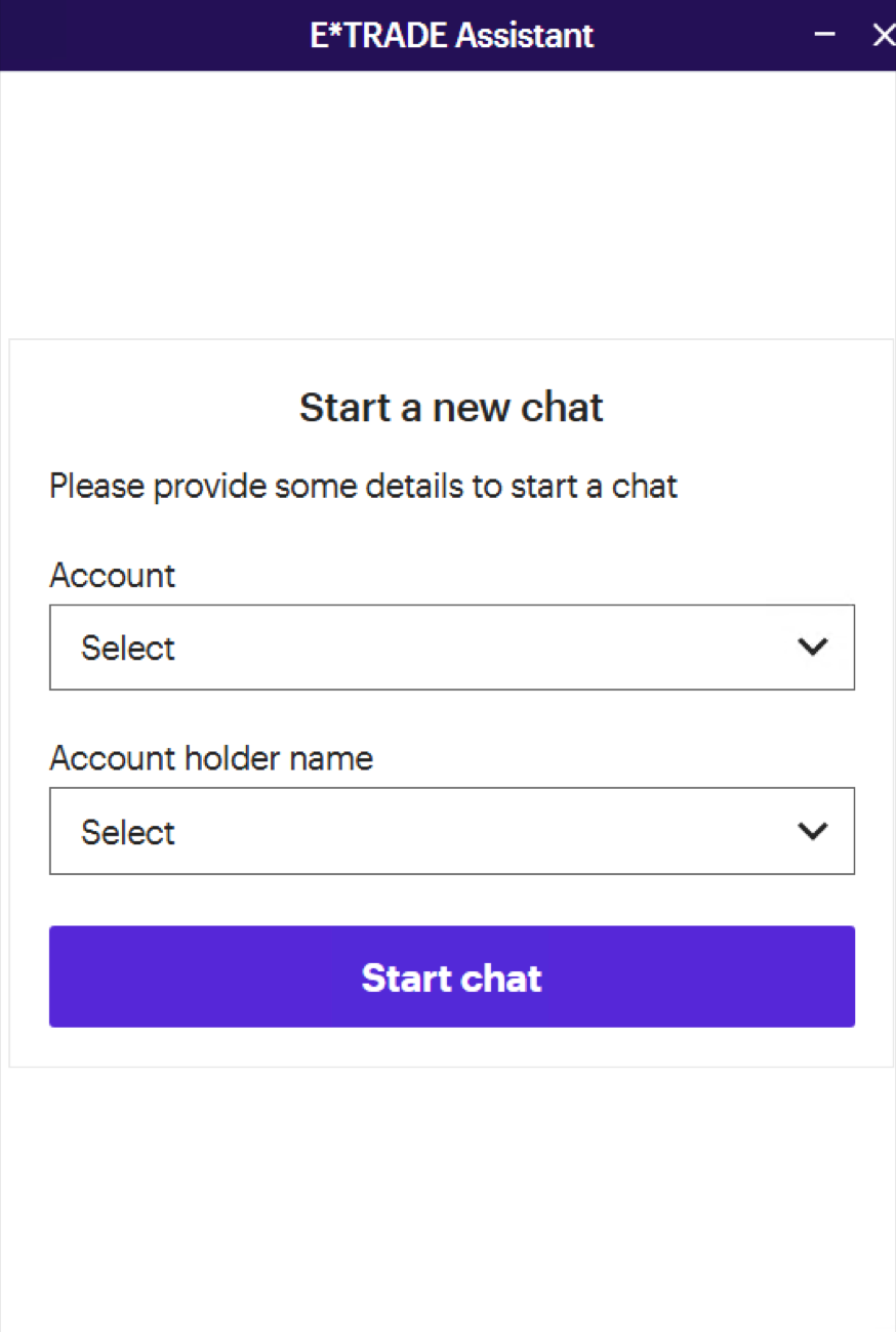 E*TRADE Assistant requiring the user to select an account and holder name before a chat can begin