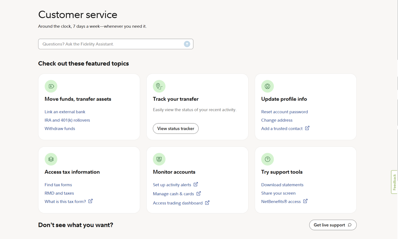 Fidelity Assistant surfaced on the customer service page