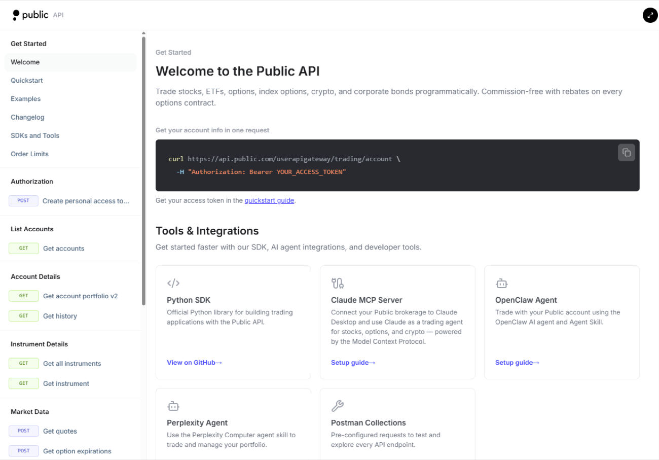 Public developer API offering MCP and AI-agent trading integrations