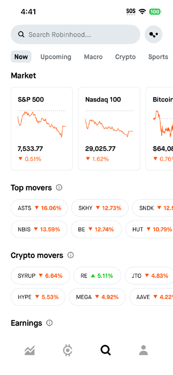 Robinhood mobile app with Cortex AI search across Now, Macro and Crypto tabs