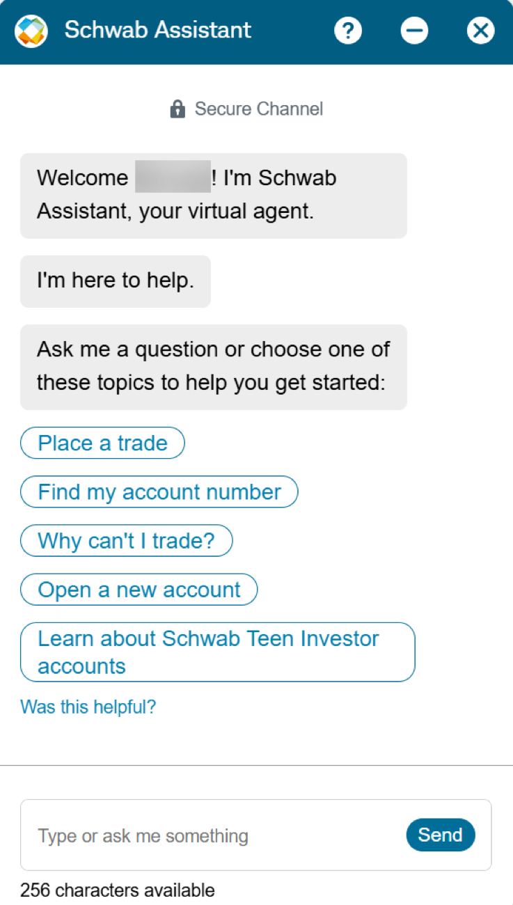 Charles Schwab Assistant chat window with a welcome message and topic shortcuts