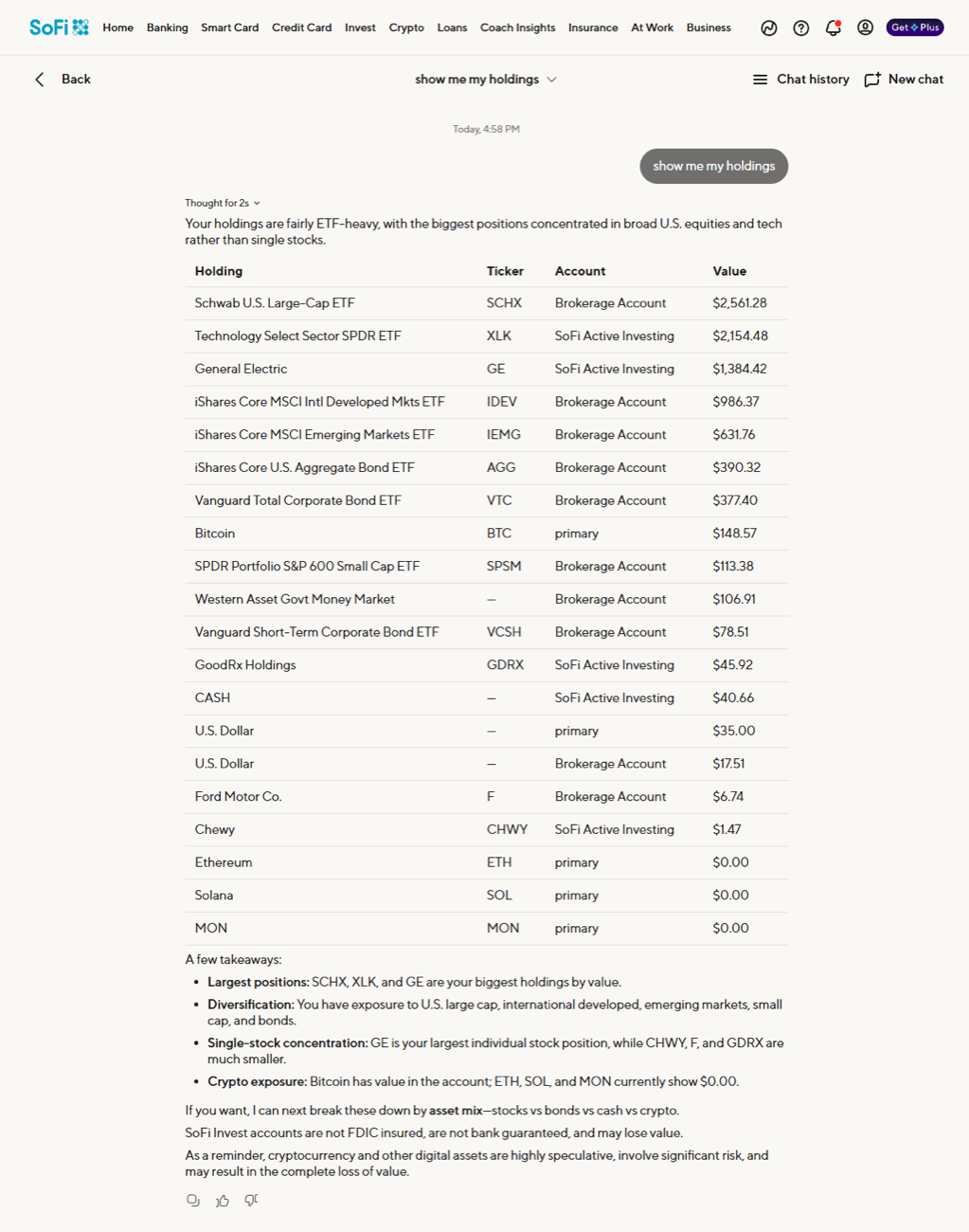 SoFi Coach chat answering 'show me my holdings' with an in-chat holdings table