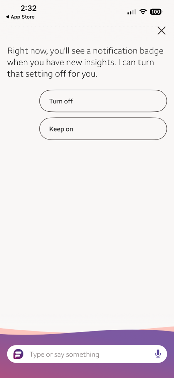Wells Fargo Fargo assistant offering to turn an insights notification setting on or off